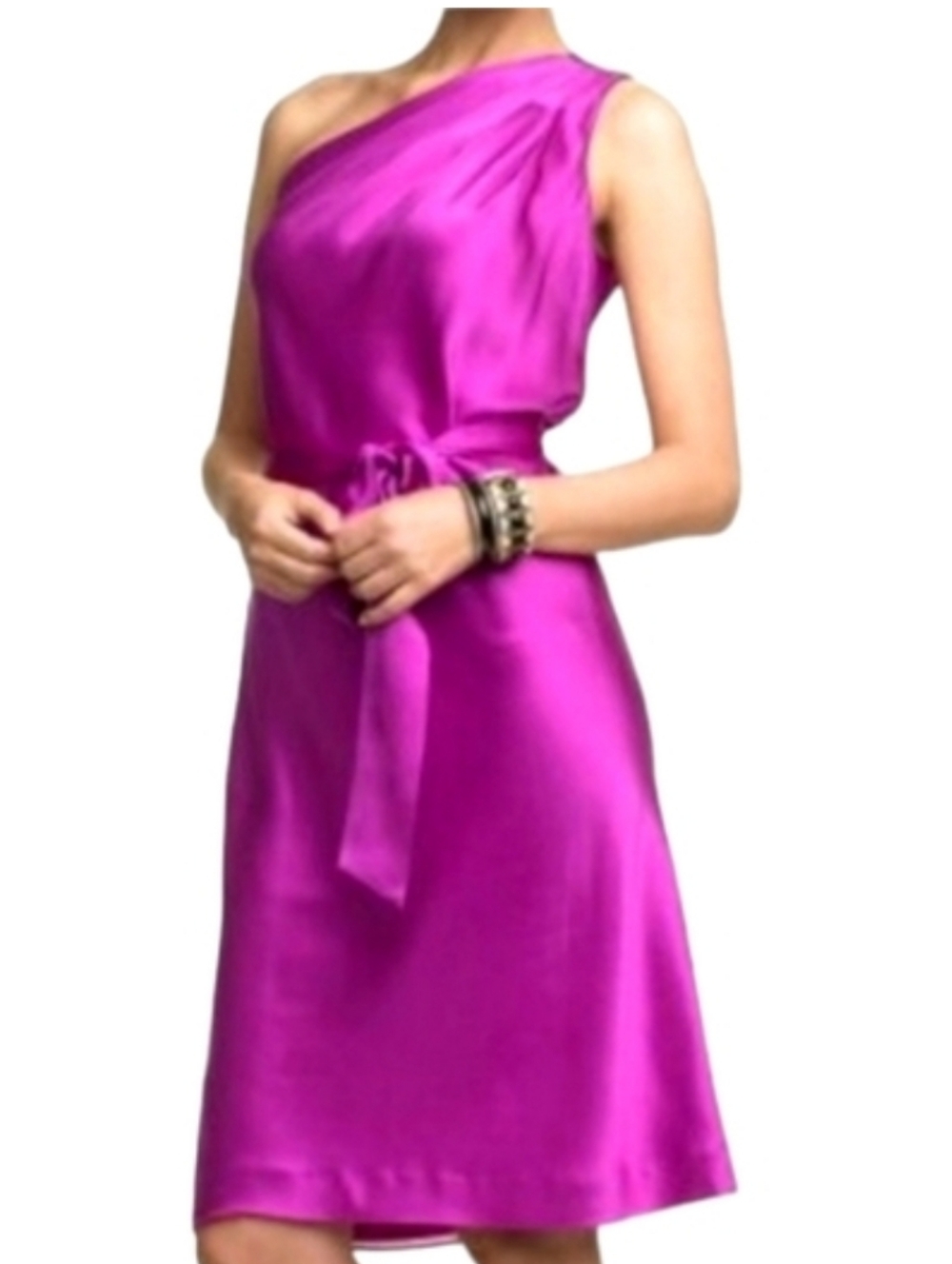 Banana Republic One-Shoulder Magenta Silk Dress with Waist Tie 10P Nwt